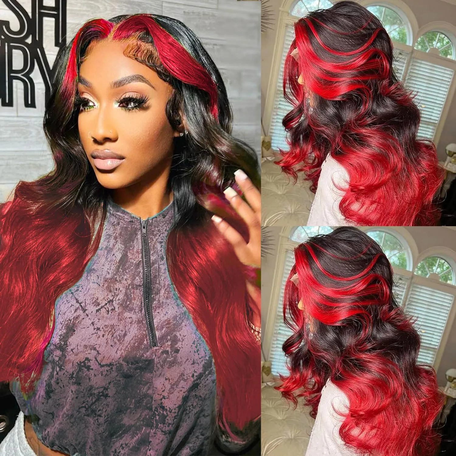 Goldfinch Ombre Red 13x4 Lace Front Wigs Human Hair Body Wave 1B/Red Skunk Stripe Lace Frontal Wigs Pre Plucked Hairline Red and Black Highlight HD Lace Wigs With Streaks Colored 150% Densty 24 Inch