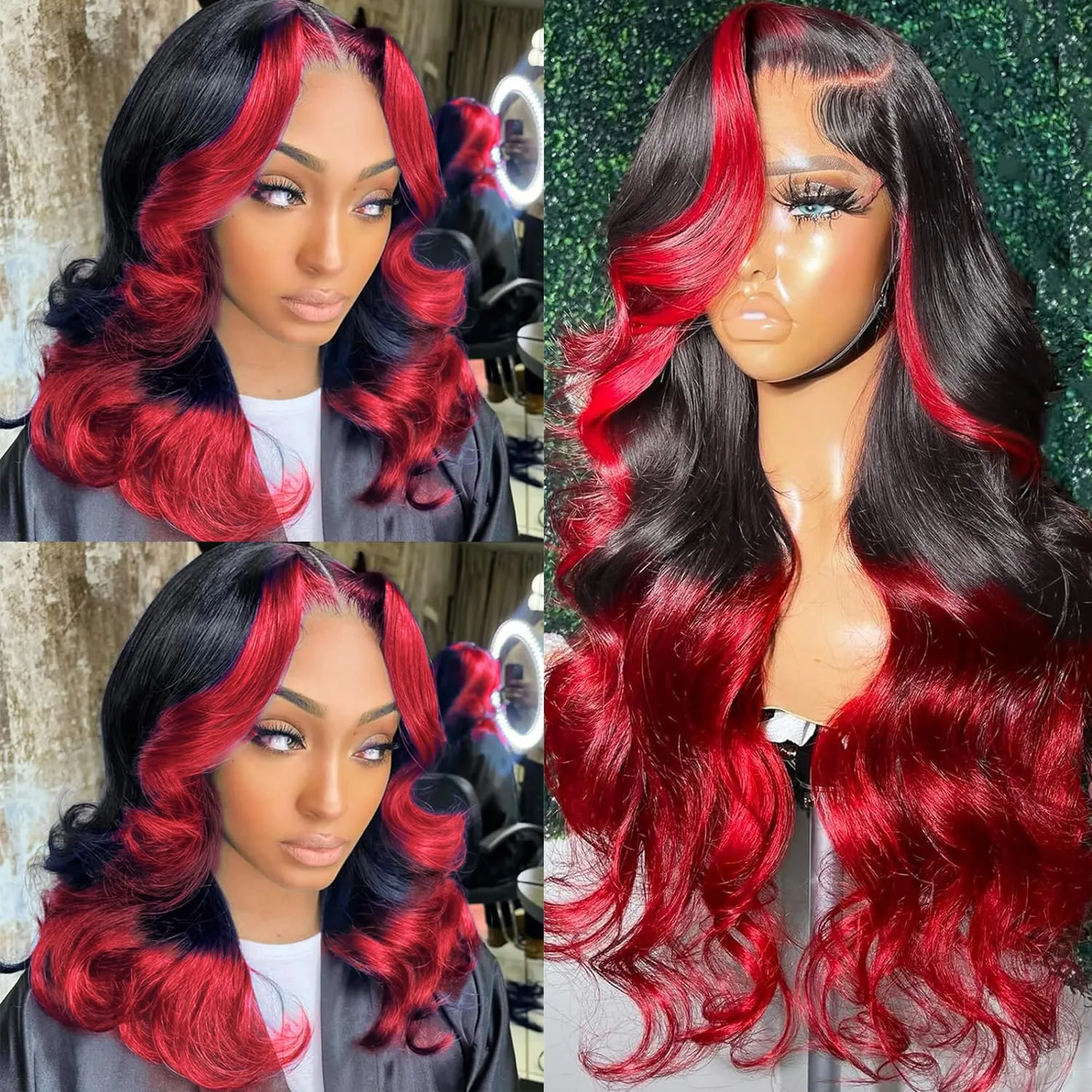 Goldfinch Ombre Red 13x4 Lace Front Wigs Human Hair Body Wave 1B/Red Skunk Stripe Lace Frontal Wigs Pre Plucked Hairline Red and Black Highlight HD Lace Wigs With Streaks Colored 150% Densty 24 Inch