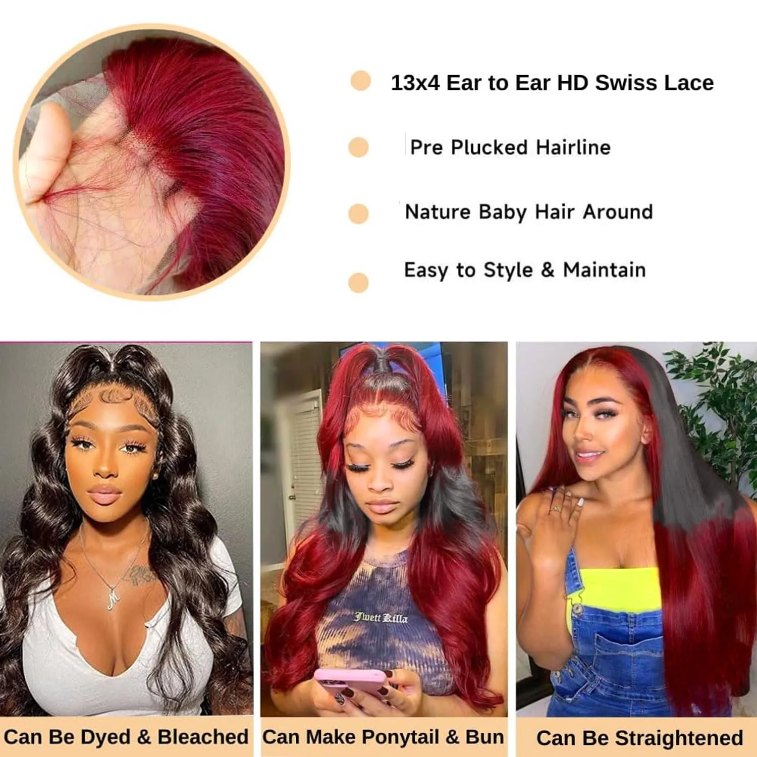 Goldfinch Ombre Red 13x4 Lace Front Wigs Human Hair Body Wave 1B/Red Skunk Stripe Lace Frontal Wigs Pre Plucked Hairline Red and Black Highlight HD Lace Wigs With Streaks Colored 150% Densty 24 Inch