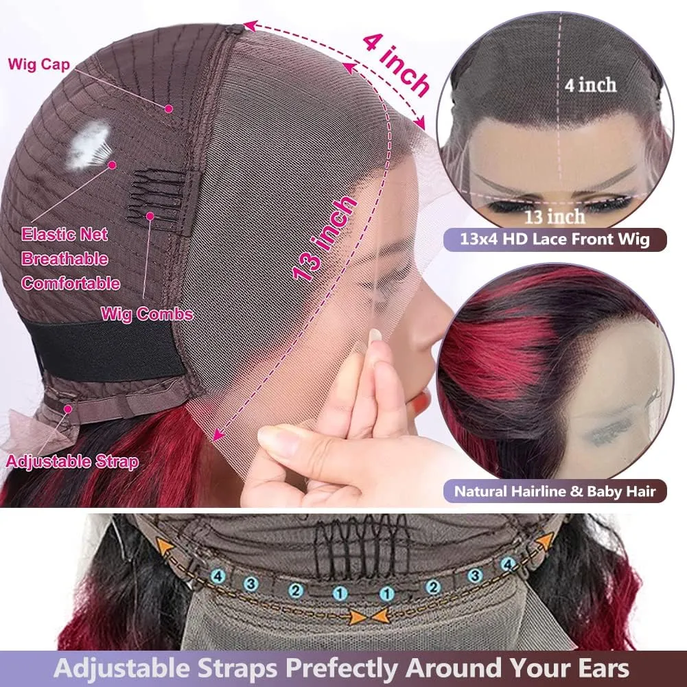 Goldfinch Ombre Red 13x4 Lace Front Wigs Human Hair Body Wave 1B/Red Skunk Stripe Lace Frontal Wigs Pre Plucked Hairline Red and Black Highlight HD Lace Wigs With Streaks Colored 150% Densty 24 Inch