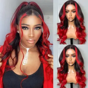 Goldfinch Ombre Red 13x4 Lace Front Wigs Human Hair Body Wave 1B/Red Skunk Stripe Lace Frontal Wigs Pre Plucked Hairline Red and Black Highlight HD Lace Wigs With Streaks Colored 150% Densty 24 Inch