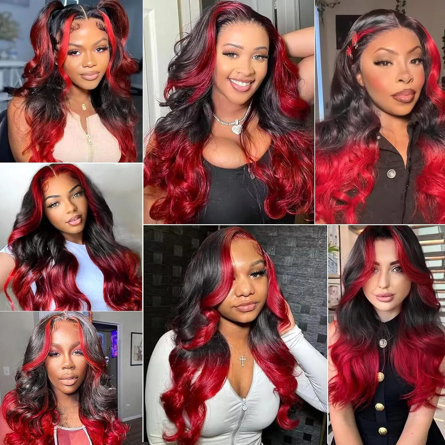 Goldfinch Ombre Red 13x4 Lace Front Wigs Human Hair Body Wave 1B/Red Skunk Stripe Lace Frontal Wigs Pre Plucked Hairline Red and Black Highlight HD Lace Wigs With Streaks Colored 150% Densty 24 Inch