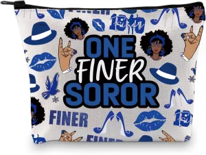 Greek Sorority Paraphernalia Gift Sorority Member Blue And White Zipper Pouch One Finer Soror Makeup Bag Sisterhood Gift for Finer Women (One Finer Bag)