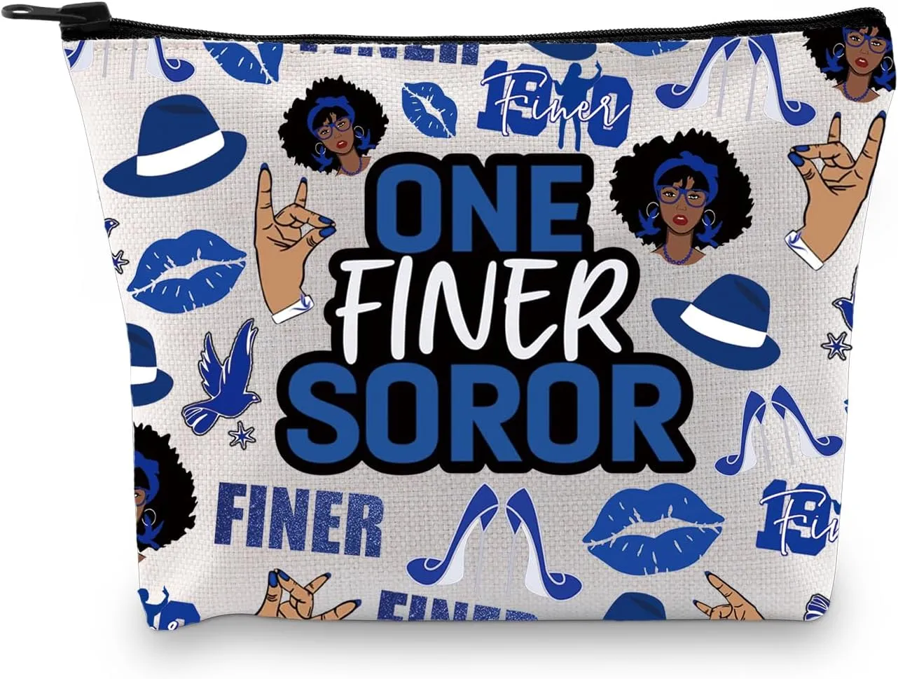 Greek Sorority Paraphernalia Gift Sorority Member Blue And White Zipper Pouch One Finer Soror Makeup Bag Sisterhood Gift for Finer Women (One Finer Bag)