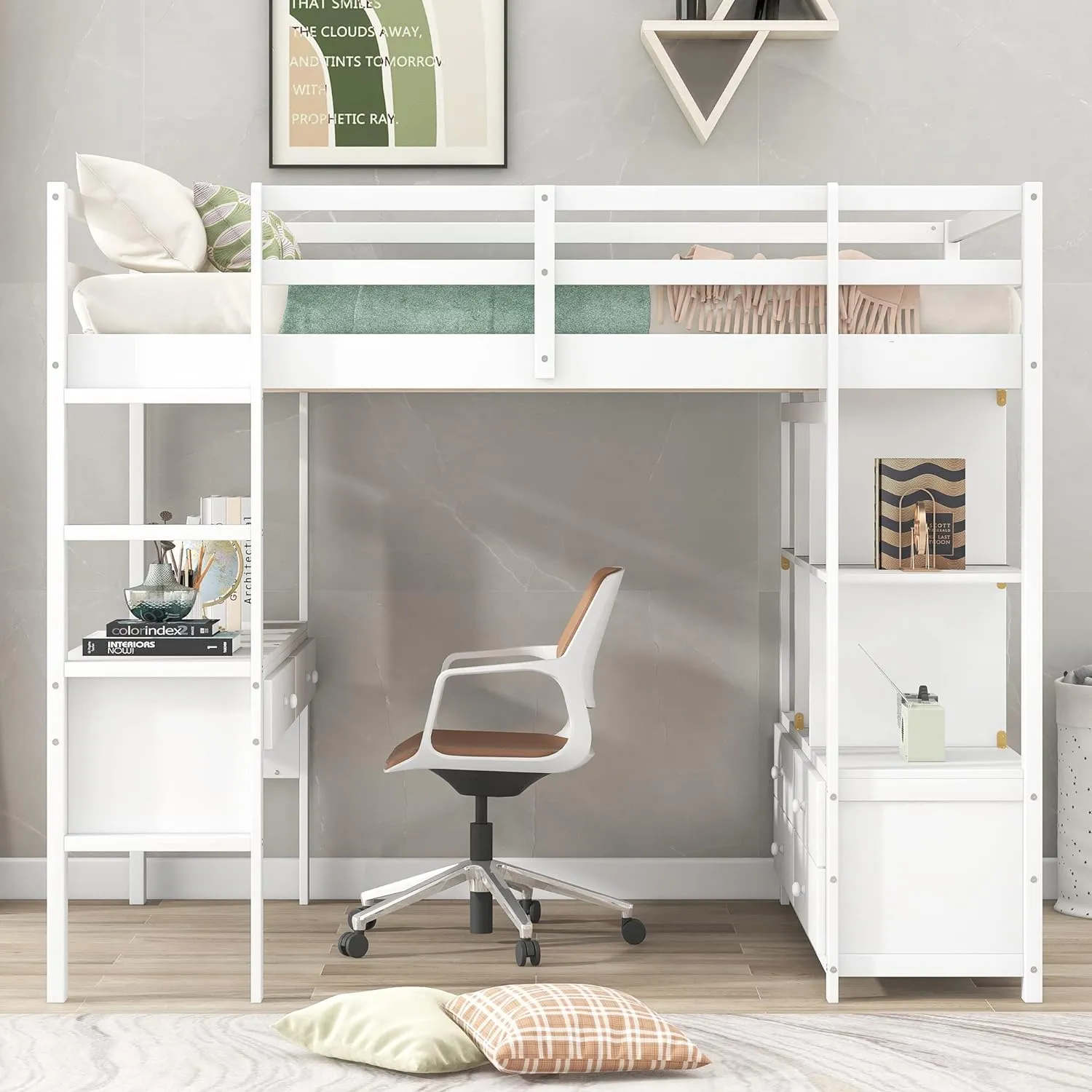 Harper & Bright Designs Full Size Loft Bed Frame with Desk and Storage, Solid Wood Loft Bed with Bookshelf and Drawers, for Kids Teens Adults - White