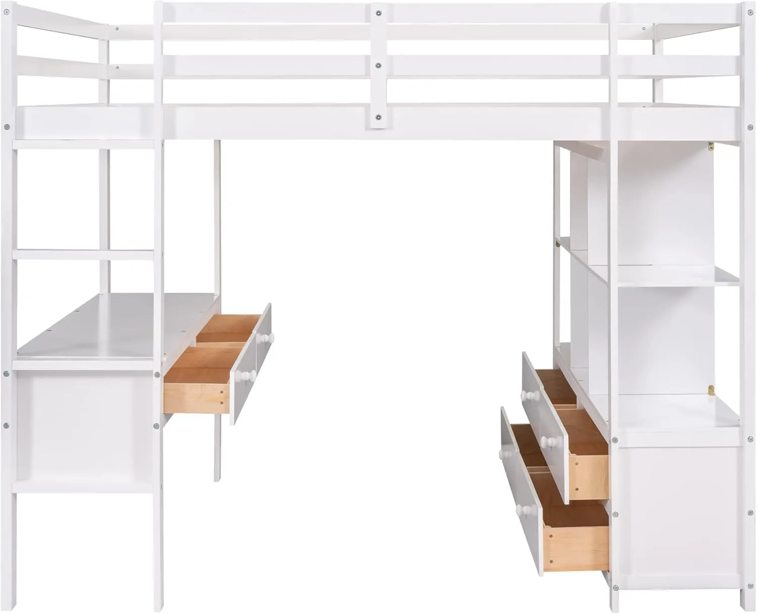 Harper & Bright Designs Full Size Loft Bed Frame with Desk and Storage, Solid Wood Loft Bed with Bookshelf and Drawers, for Kids Teens Adults - White