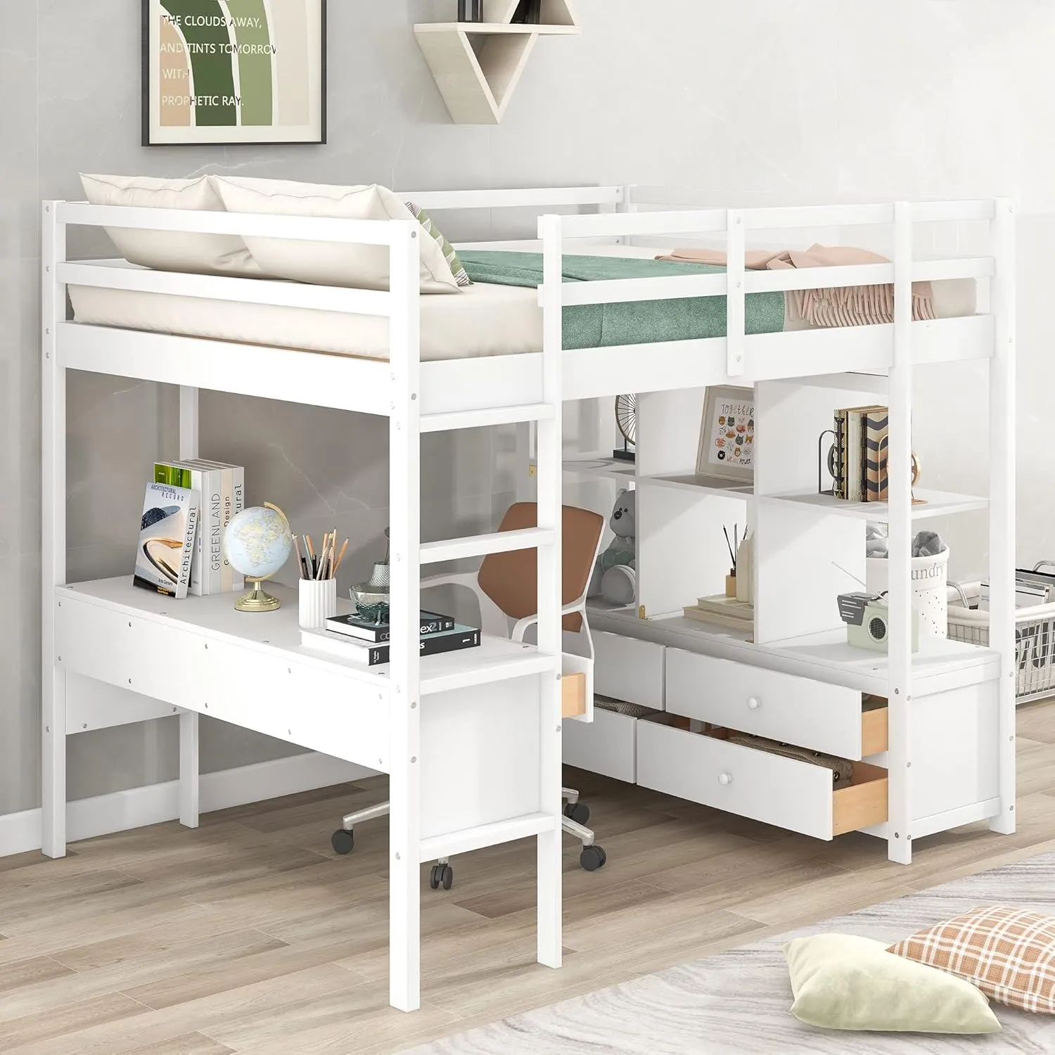 Harper & Bright Designs Full Size Loft Bed Frame with Desk and Storage, Solid Wood Loft Bed with Bookshelf and Drawers, for Kids Teens Adults - White