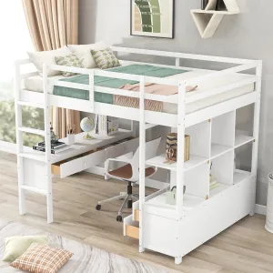 Harper & Bright Designs Full Size Loft Bed Frame with Desk and Storage, Solid Wood Loft Bed with Bookshelf and Drawers, for Kids Teens Adults - White