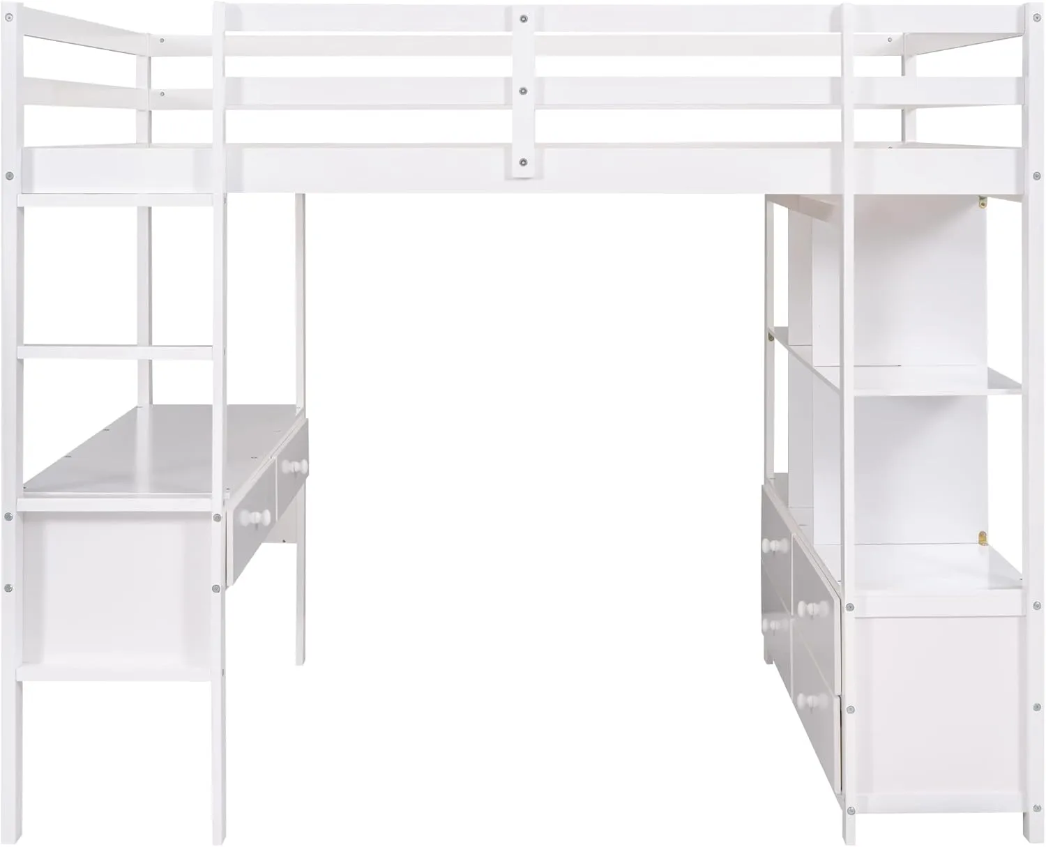 Harper & Bright Designs Full Size Loft Bed Frame with Desk and Storage, Solid Wood Loft Bed with Bookshelf and Drawers, for Kids Teens Adults - White