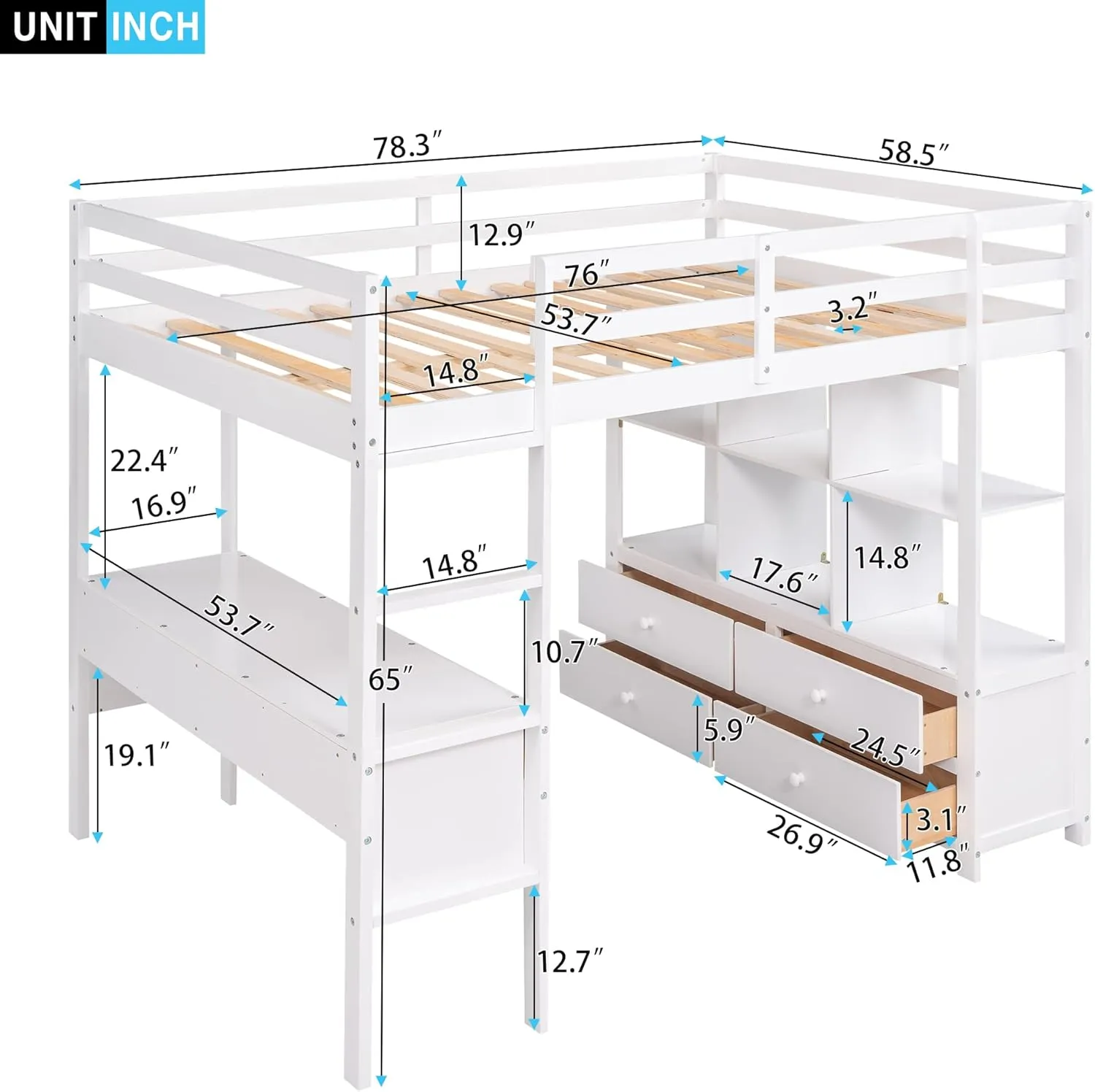 Harper & Bright Designs Full Size Loft Bed Frame with Desk and Storage, Solid Wood Loft Bed with Bookshelf and Drawers, for Kids Teens Adults - White