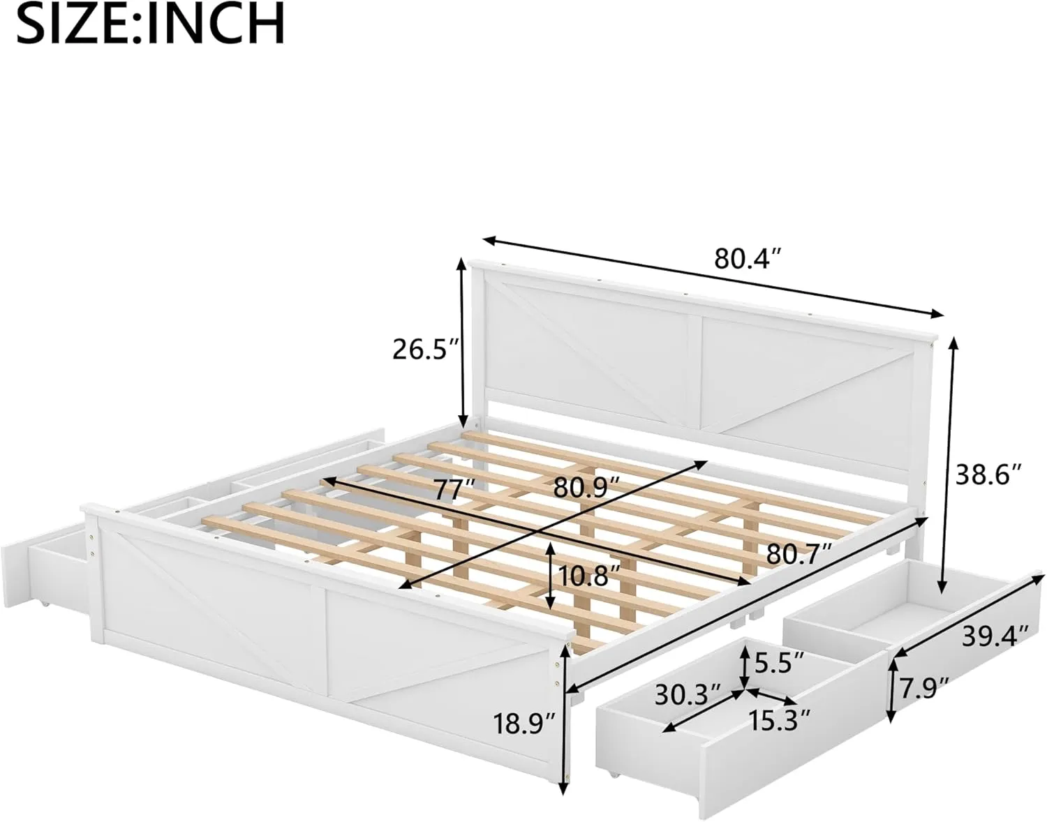 Harper & Bright Designs King Storage Bed with Headboard, King Size Platform Bed with 4 Drawers and Support Legs, Solid Wood King Bed Frame for Kids Teens Adults (King Size,White)