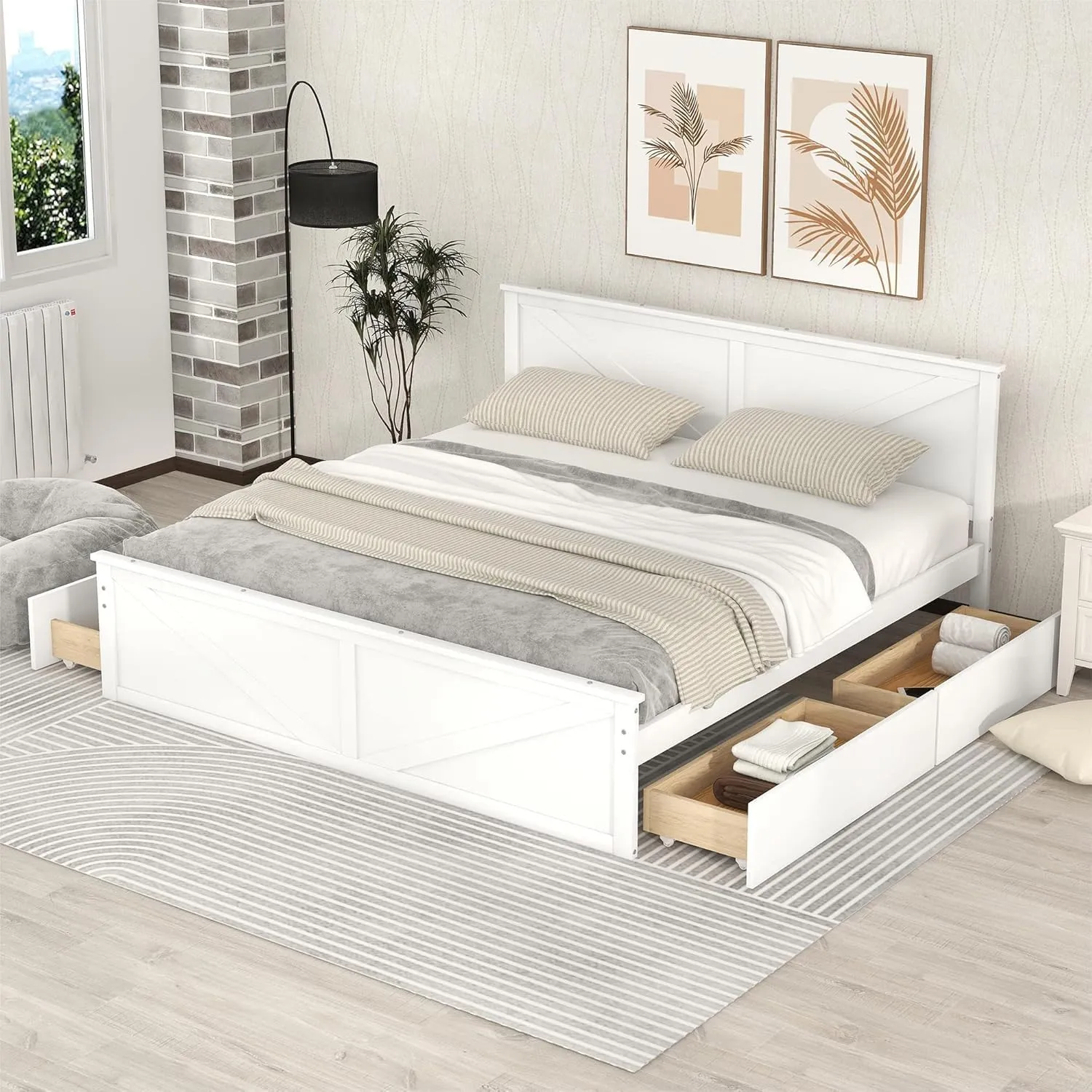 Harper & Bright Designs King Storage Bed with Headboard, King Size Platform Bed with 4 Drawers and Support Legs, Solid Wood King Bed Frame for Kids Teens Adults (King Size,White)