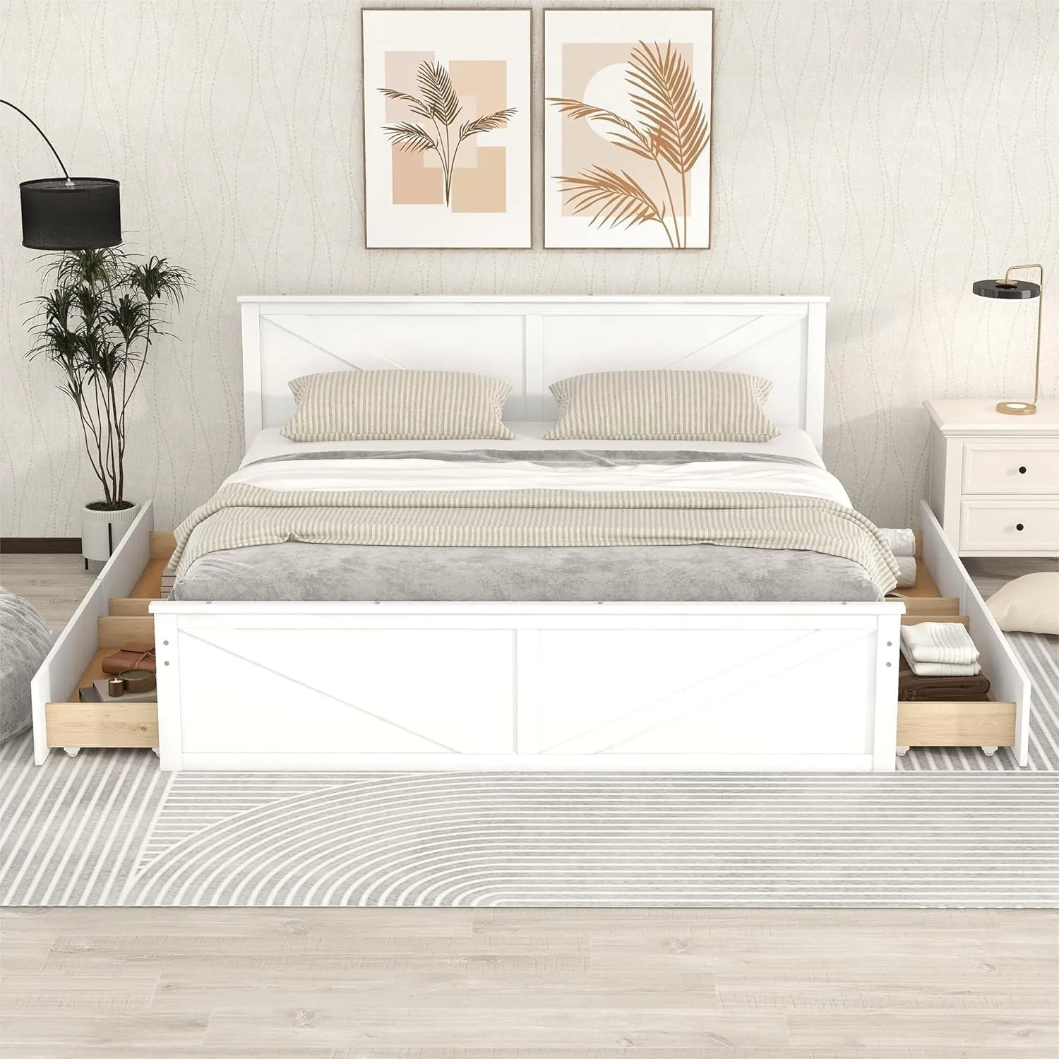 Harper & Bright Designs King Storage Bed with Headboard, King Size Platform Bed with 4 Drawers and Support Legs, Solid Wood King Bed Frame for Kids Teens Adults (King Size,White)