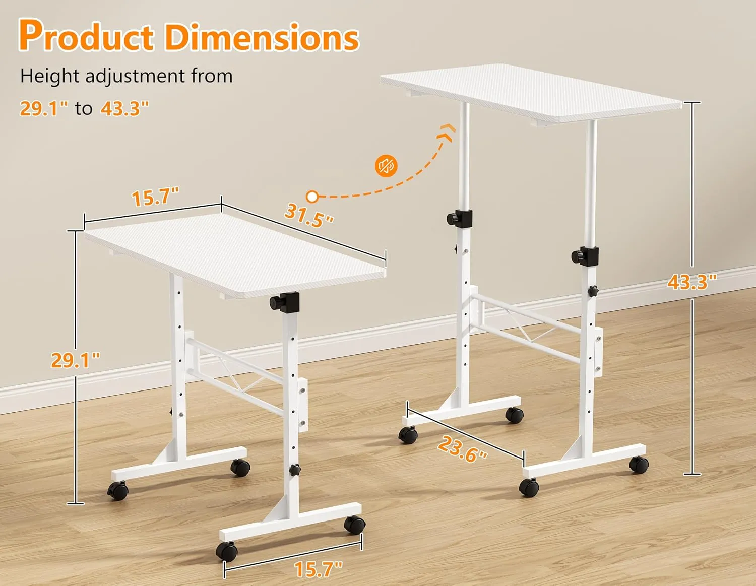 HOMIDEC Standing Desk, 32 Inch Portable Small Desk Adjustable Height, Rolling Home Office Desks with Wheels, Sit Stand Desk for Bedroom Walking Pad Home Office Small Space, White