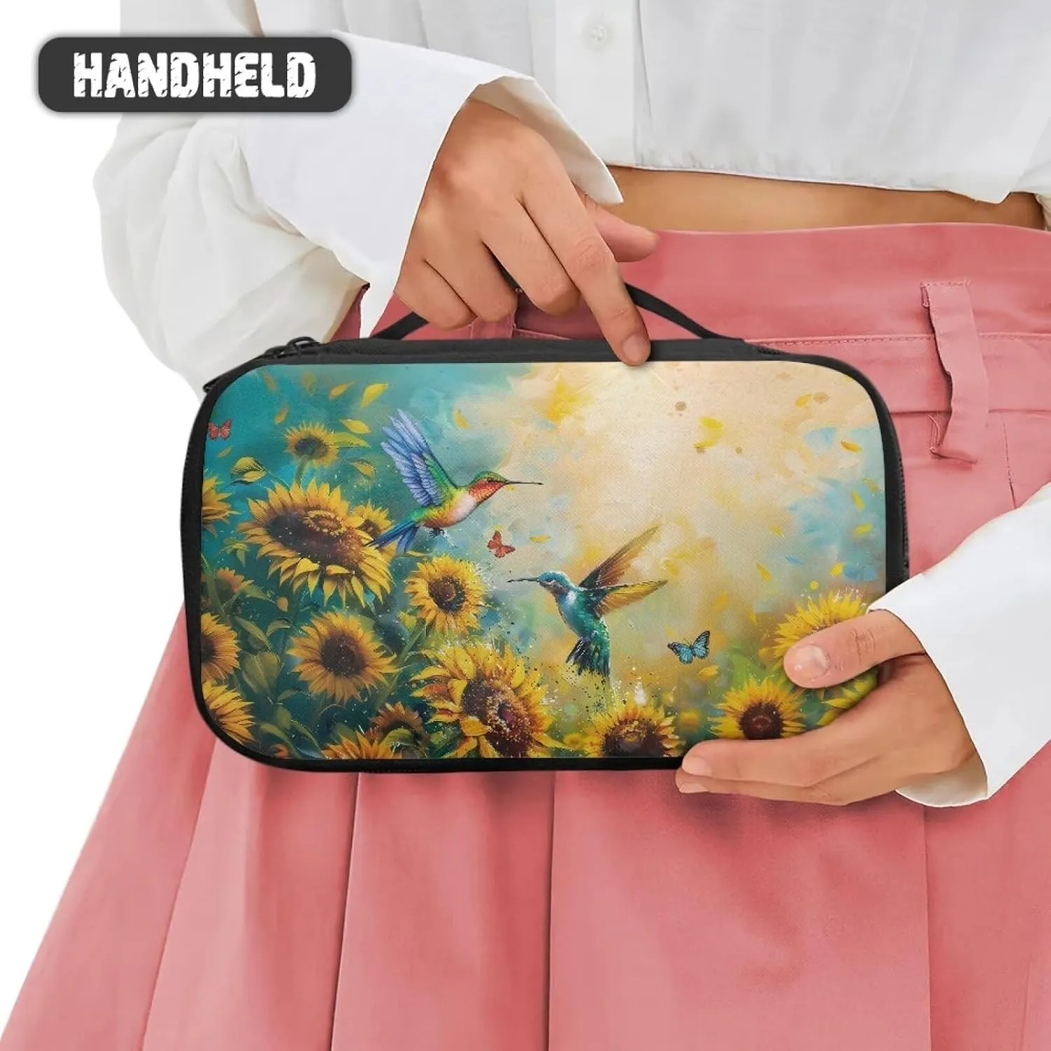 Hummingbird Sunflower Makeup Bag for Women Travel Cosmetic Bag Travel Makeup Bag Organizer Cosmetic Bag Wear-resistant Cosmetic Train Case Space To Storage Your Cosmetics