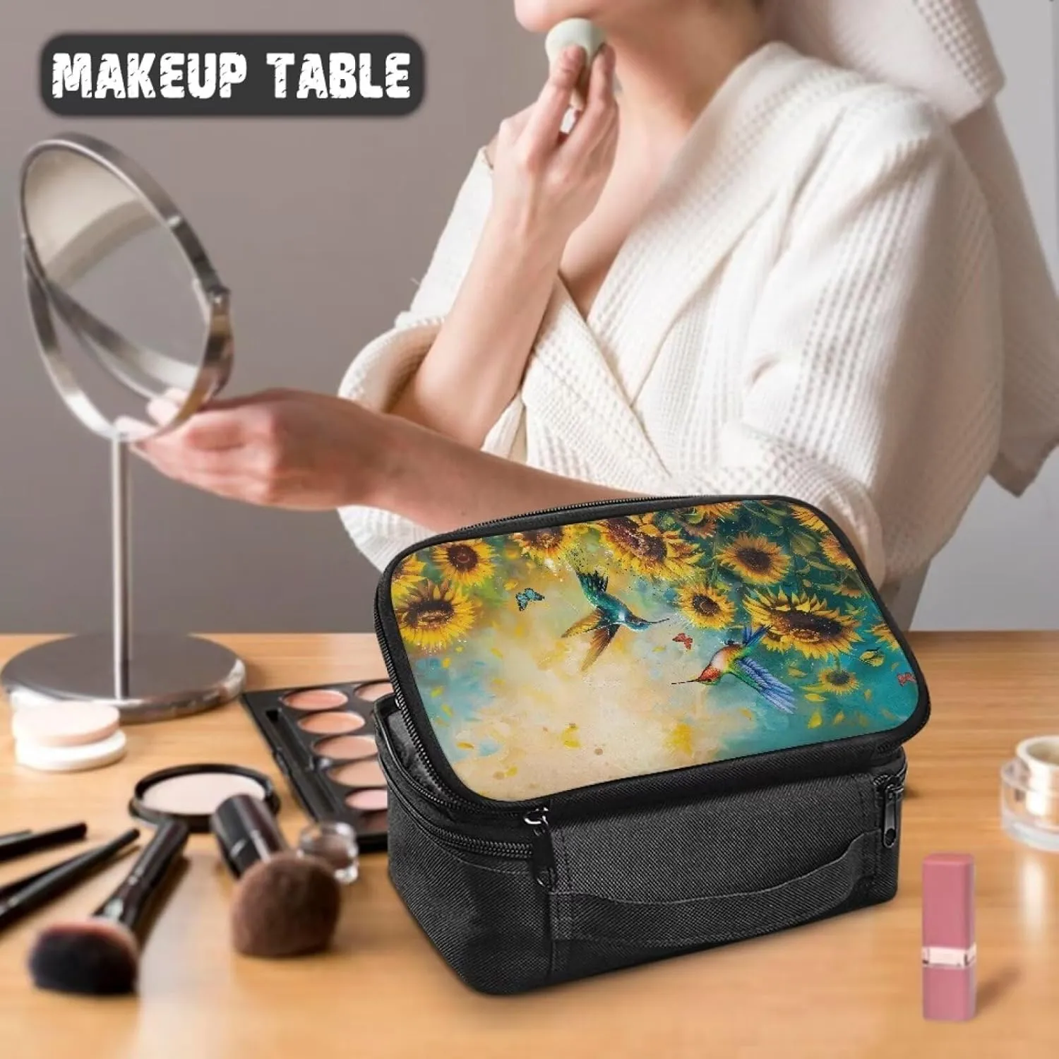 Hummingbird Sunflower Makeup Bag for Women Travel Cosmetic Bag Travel Makeup Bag Organizer Cosmetic Bag Wear-resistant Cosmetic Train Case Space To Storage Your Cosmetics