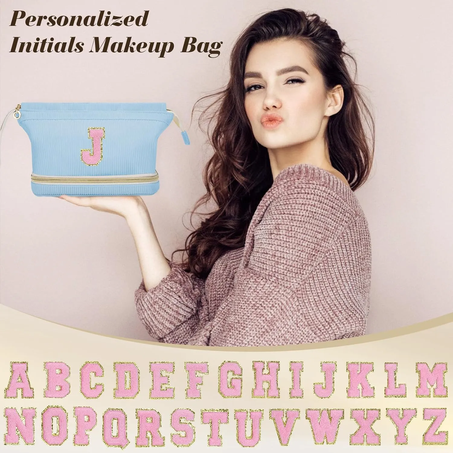 Initial Travel Makeup Bag for Women, Personalized Gift Large Double Layer Make Up Gift Cute Cosmetic Bag for Girl Makeup Pouch Wide-open Roomy Makeup Travel Bags Birthday Gifts for Her Blue - A