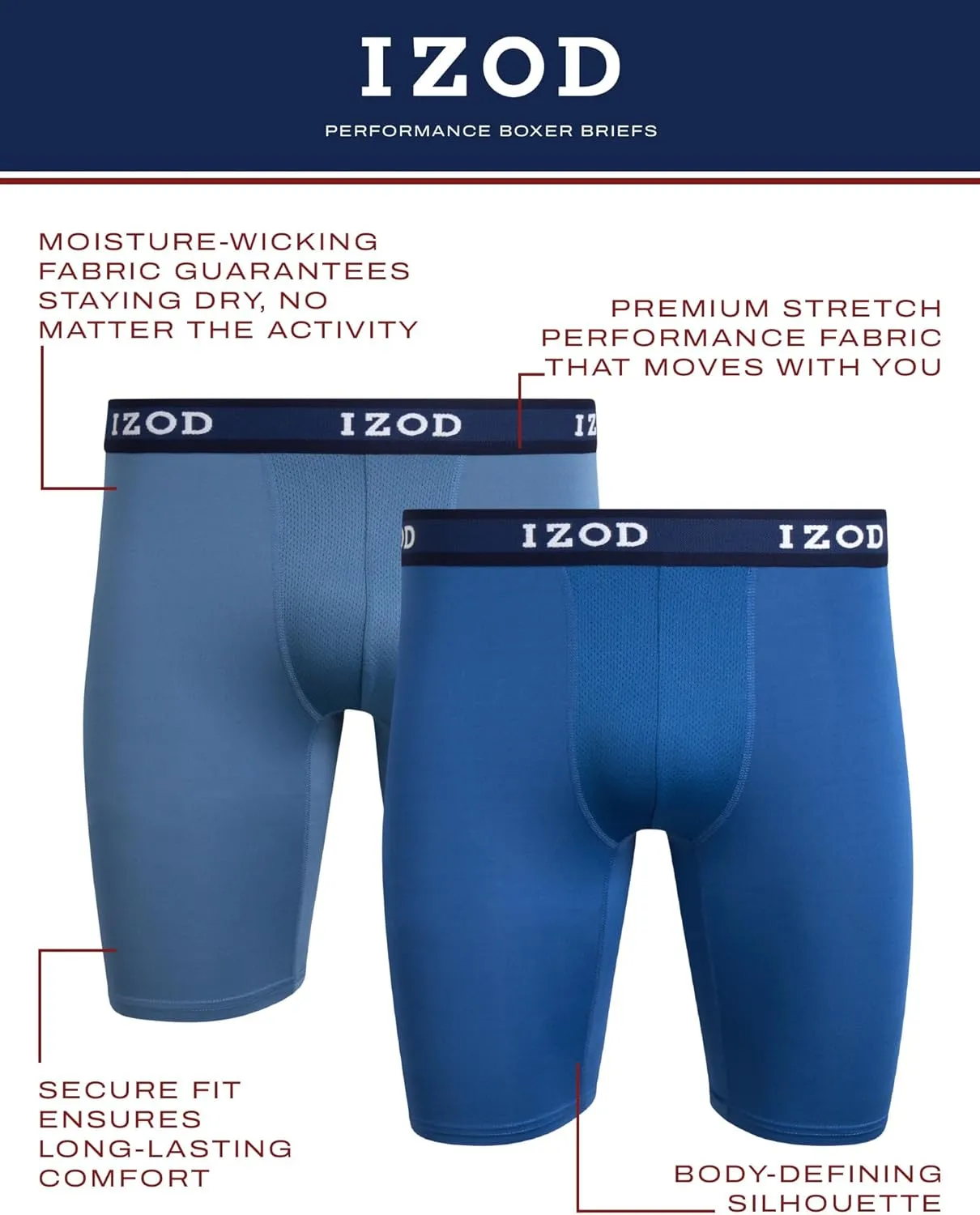 IZOD Mens Boxer Briefs - 5 Pack Performance Stretch Underwear Long Leg Boxers with Contour Pouch (Sizes: S-XL)