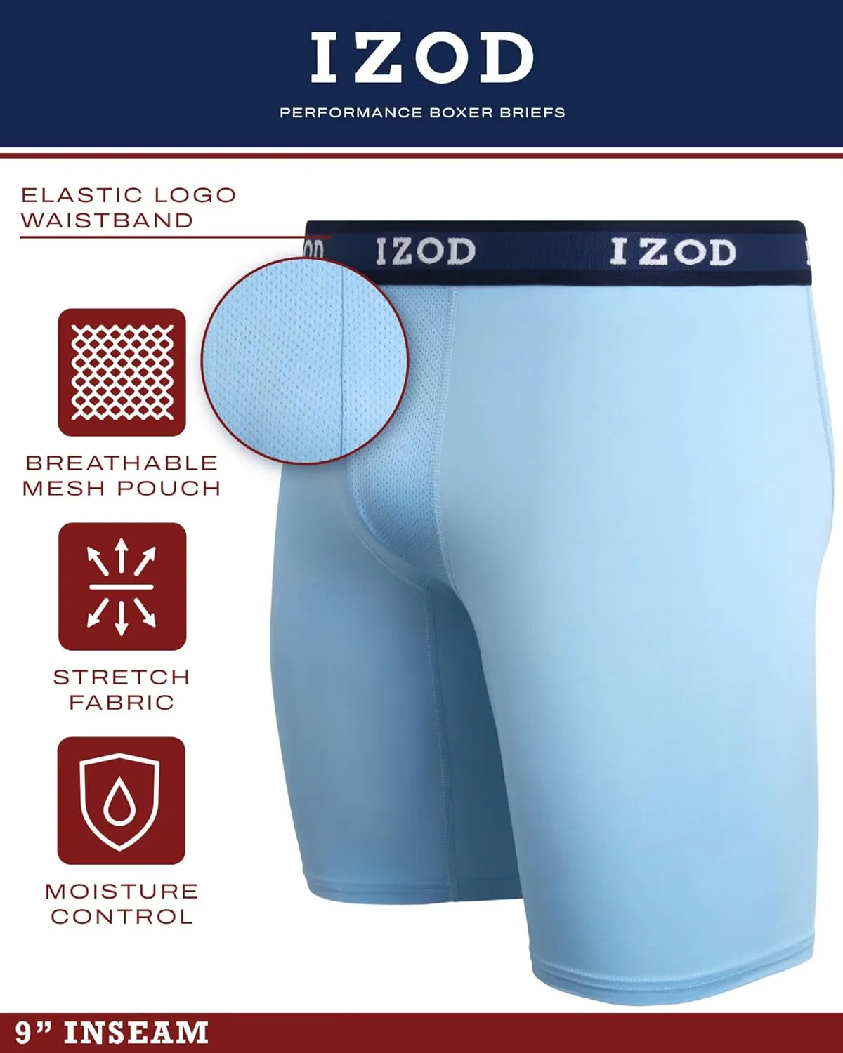 IZOD Mens Boxer Briefs - 5 Pack Performance Stretch Underwear Long Leg Boxers with Contour Pouch (Sizes: S-XL)
