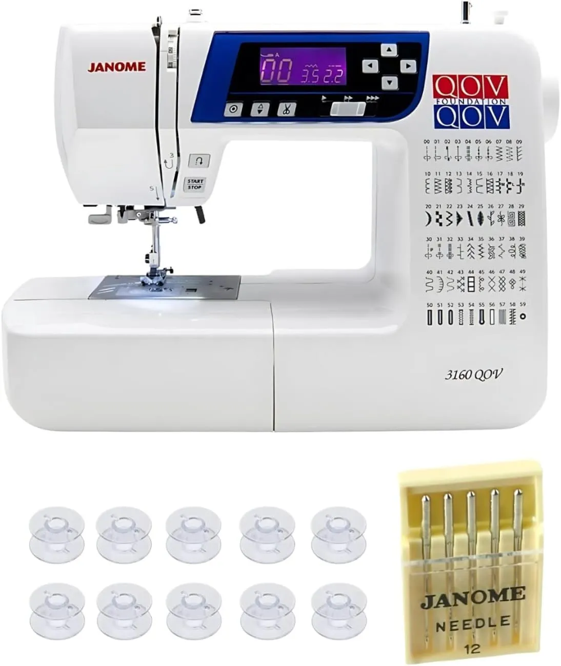 Janome 3160QOV Quilts of Valor Full-Size Quilting Sewing Machine (White) Bundle with Plastic Bobbins and Point Needles
