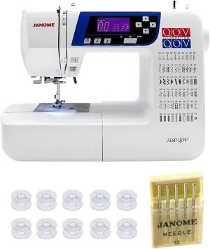Janome 3160QOV Quilts of Valor Full-Size Quilting Sewing Machine (White) Bundle with Plastic Bobbins and Point Needles