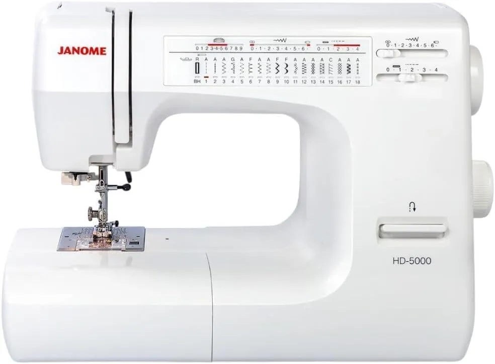Janome HD-5000 Heavy Duty Sewing Machine with Aluminum Body, 18 Stitches, Free Arm, and Built-In Needle Threader (White)