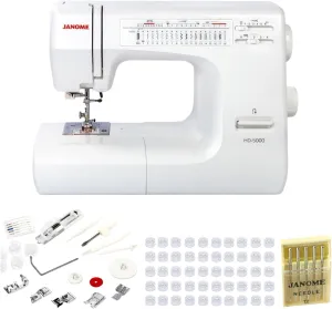 Janome HD-5000 Heavy Duty Sewing Machine with Aluminum Body (White) Bundle with Plastic Bobbins and Point Needles