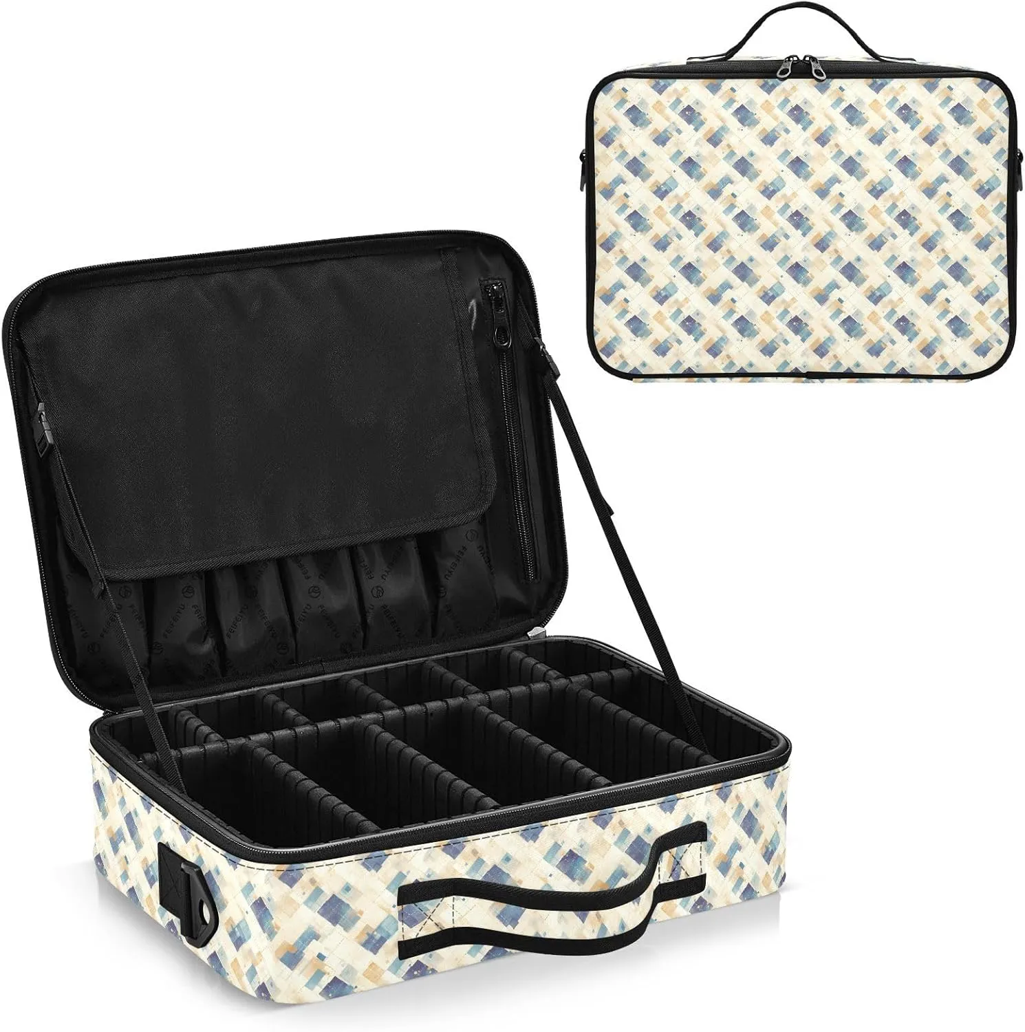 junzan Blue Beige Crosshatch Large Makeup Organizer Bag Travel Makeup Train Case Flat Make Up Artist Case with Dividers and Adjustable Strap