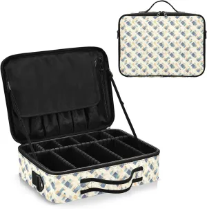 junzan Blue Beige Crosshatch Large Makeup Organizer Bag Travel Makeup Train Case Flat Make Up Artist Case with Dividers and Adjustable Strap