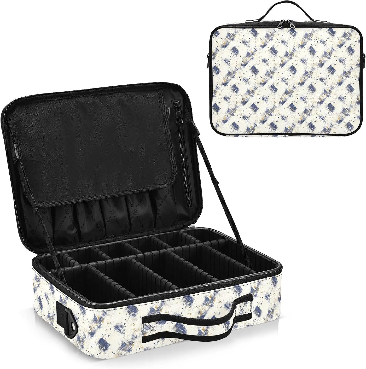 junzan Crosshatch Large Makeup Organizer Bag Travel Makeup Train Case Flat Make Up Artist Case with Dividers and Adjustable Strap Blue and Ivory White