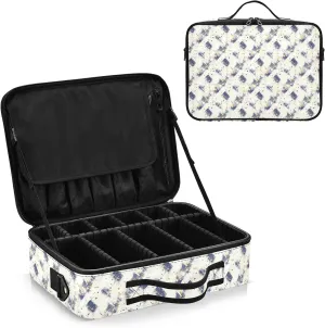 junzan Crosshatch Large Makeup Organizer Bag Travel Makeup Train Case Flat Make Up Artist Case with Dividers and Adjustable Strap Blue and Ivory White