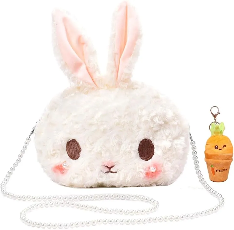Kawaii Bunny Crossbody Bag Cartoon Plush Rabbit Wallets with Pearl Chain Cute Lolita Handbag with Carrot Keychain