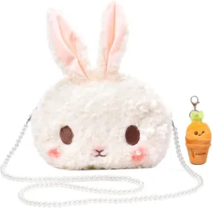 Kawaii Bunny Crossbody Bag Cartoon Plush Rabbit Wallets with Pearl Chain Cute Lolita Handbag with Carrot Keychain