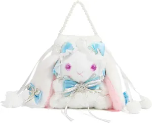 Kawaii Fuzzy Bunny Crossbody Purse Plush Rabbit Shoulder Bag Small Bag Cute Lolita Handbag Wallets with Pearl Chain