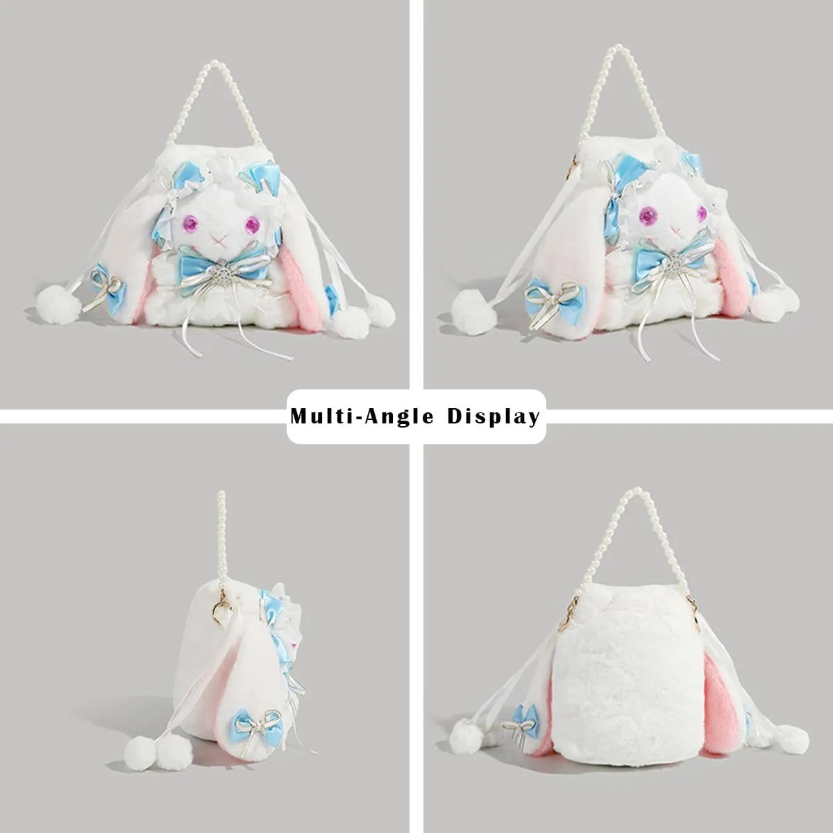 Kawaii Fuzzy Bunny Crossbody Purse Plush Rabbit Shoulder Bag Small Bag Cute Lolita Handbag Wallets with Pearl Chain