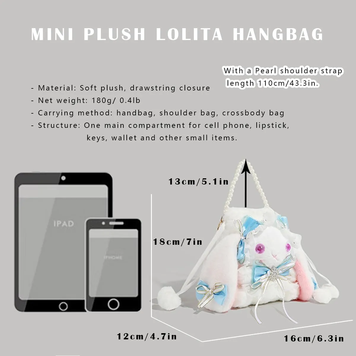 Kawaii Fuzzy Bunny Crossbody Purse Plush Rabbit Shoulder Bag Small Bag Cute Lolita Handbag Wallets with Pearl Chain