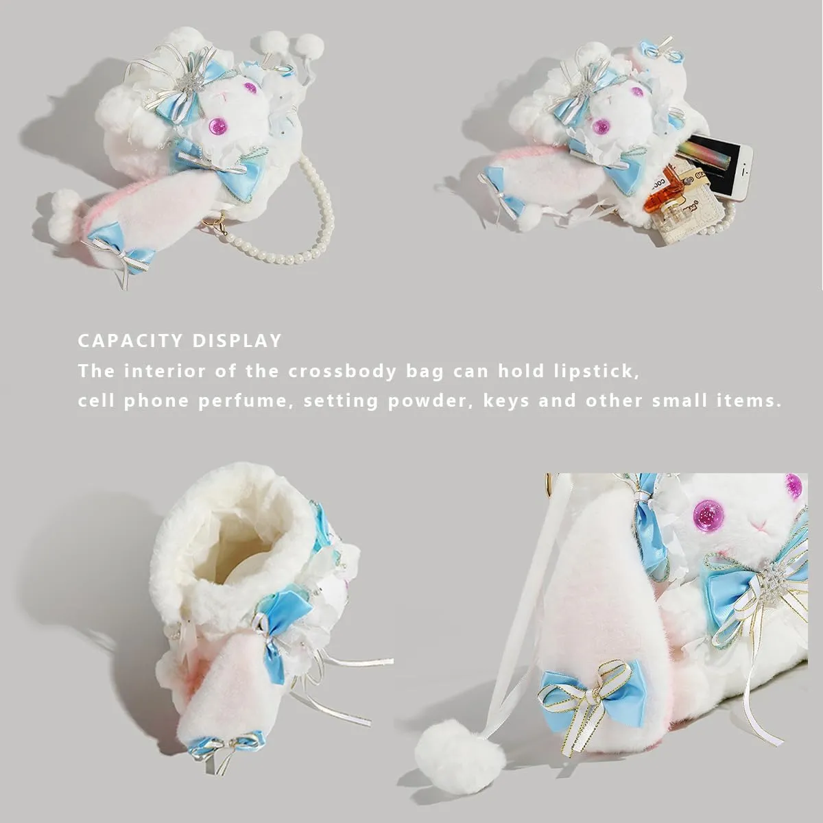 Kawaii Fuzzy Bunny Crossbody Purse Plush Rabbit Shoulder Bag Small Bag Cute Lolita Handbag Wallets with Pearl Chain