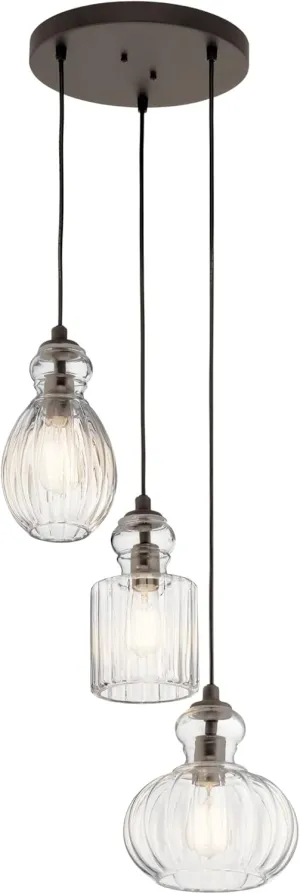 Kichler Riviera 10.25" 3 Light Pendant with Clear Ribbed Glass in Olde Bronze