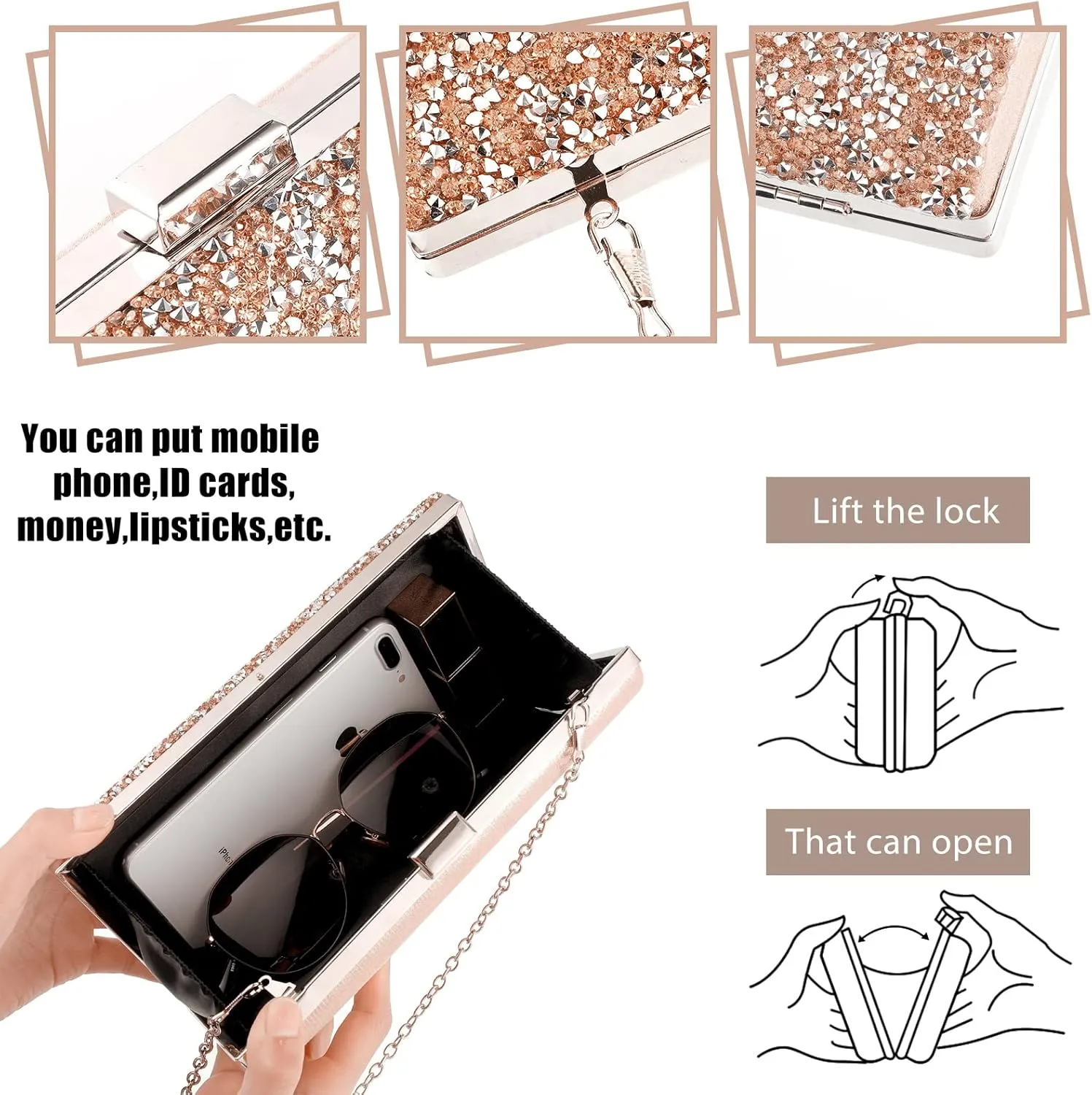 Kigeli 4 Pieces Women Rhinestone Evening Clutch Bag Bling Earring Necklace Bracelet for Wedding Formal