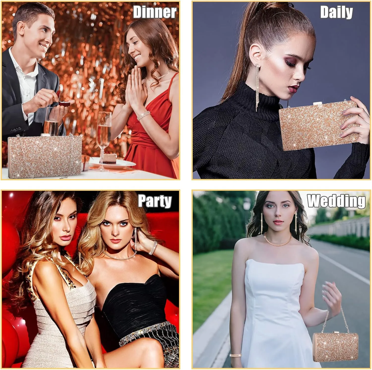 Kigeli 4 Pieces Women Rhinestone Evening Clutch Bag Bling Earring Necklace Bracelet for Wedding Formal