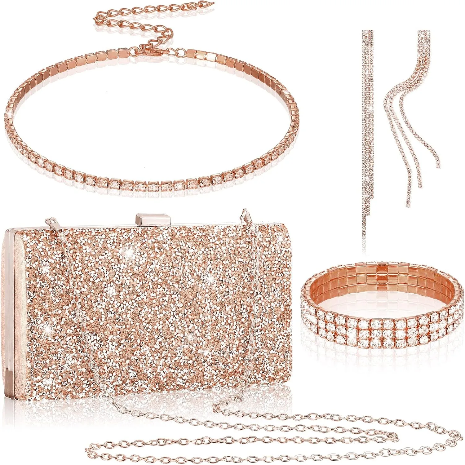 Kigeli 4 Pieces Women Rhinestone Evening Clutch Bag Bling Earring Necklace Bracelet for Wedding Formal