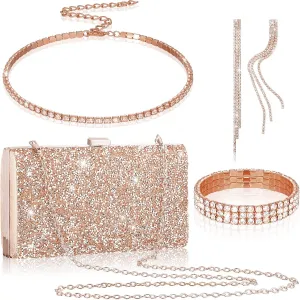 Kigeli 4 Pieces Women Rhinestone Evening Clutch Bag Bling Earring Necklace Bracelet for Wedding Formal