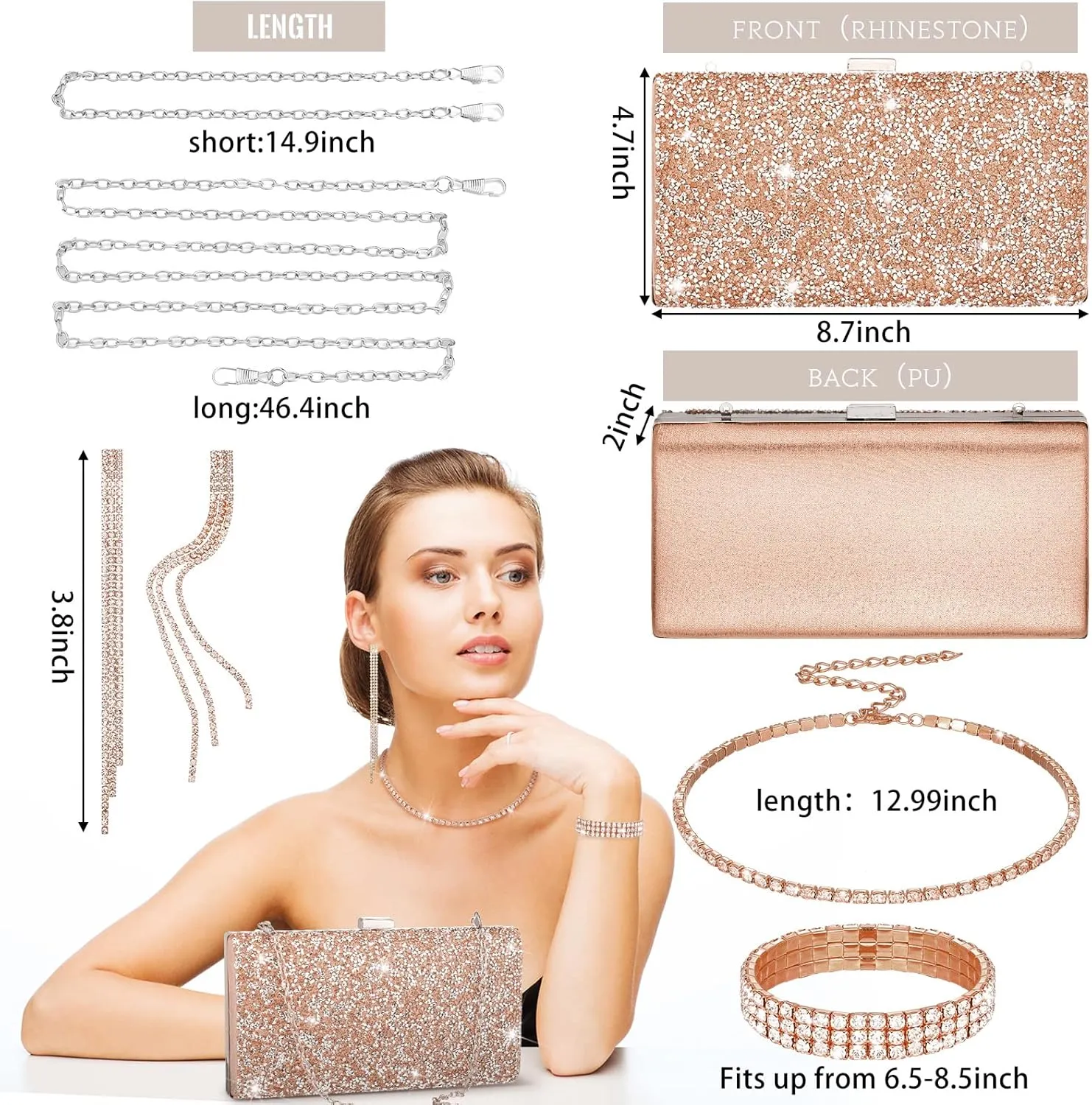 Kigeli 4 Pieces Women Rhinestone Evening Clutch Bag Bling Earring Necklace Bracelet for Wedding Formal
