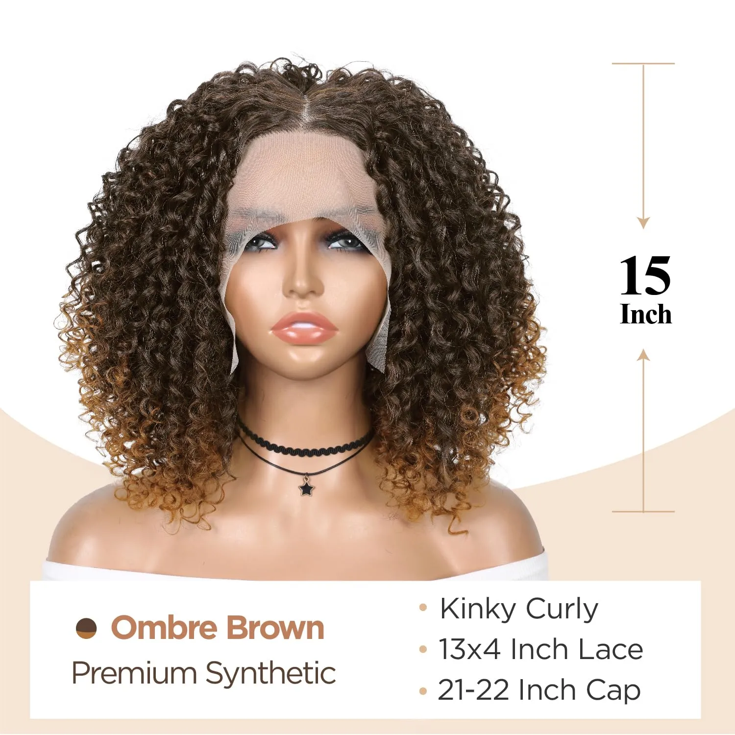 Kinky Curly Bob Wig 13x4x1 Inch HD Lace Front T Part Wig for Black Women Short Synthetic Ombre Brown Afro Coily Wigs Natural Hairstyle(Ombre Brown,15 Inches)