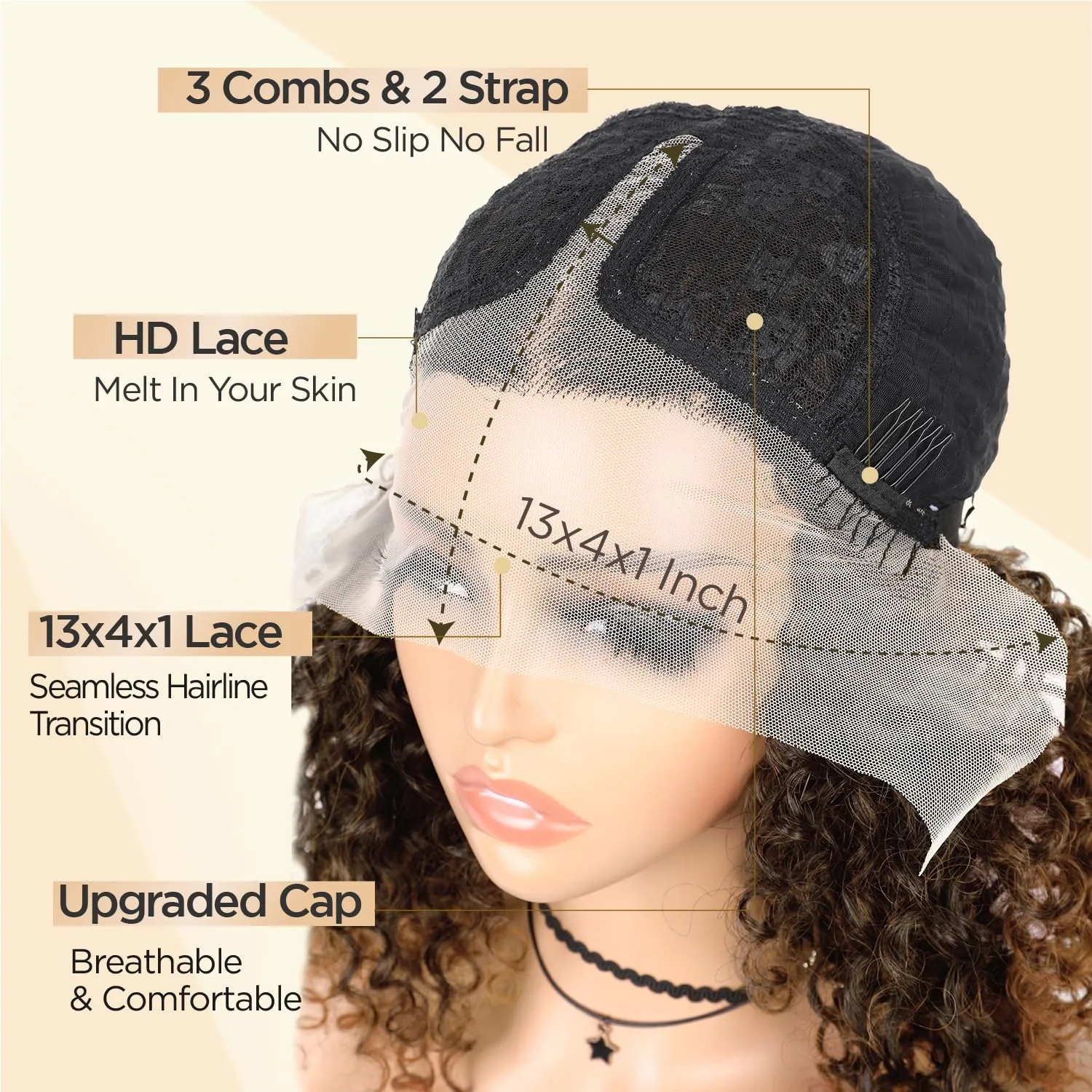 Kinky Curly Bob Wig 13x4x1 Inch HD Lace Front T Part Wig for Black Women Short Synthetic Ombre Brown Afro Coily Wigs Natural Hairstyle(Ombre Brown,15 Inches)