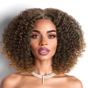 Kinky Curly Bob Wig 13x4x1 Inch HD Lace Front T Part Wig for Black Women Short Synthetic Ombre Brown Afro Coily Wigs Natural Hairstyle(Ombre Brown,15 Inches)
