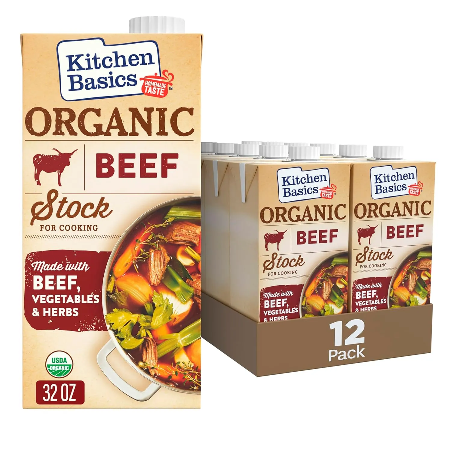 Kitchen Basics Organic Beef Stock, 32 oz (Pack of 12) | No Artificial Flavors and Gluten Free |