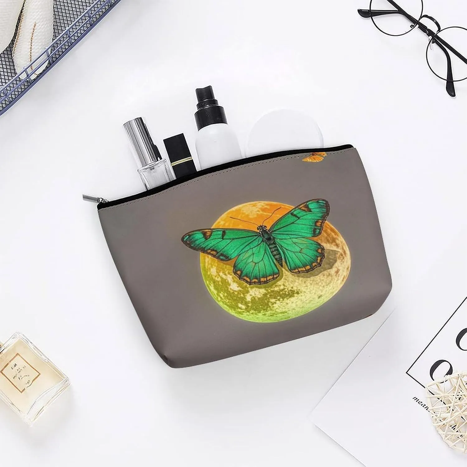 Large Capacity Cosmetic Bag Waterproof Cosmetic Organizer Sun And Moon Green Moth Cosmetic Accessories Organizer for Women/girl