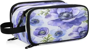 Large Capacity Travel Cosmetic Bag for Women Blue Anemone Travel Portable Cosmetic Pouch With Handle and Divider Flat Lay Bag Organizer Toiletry Bag Makeup Box for Skincare Cosmetics