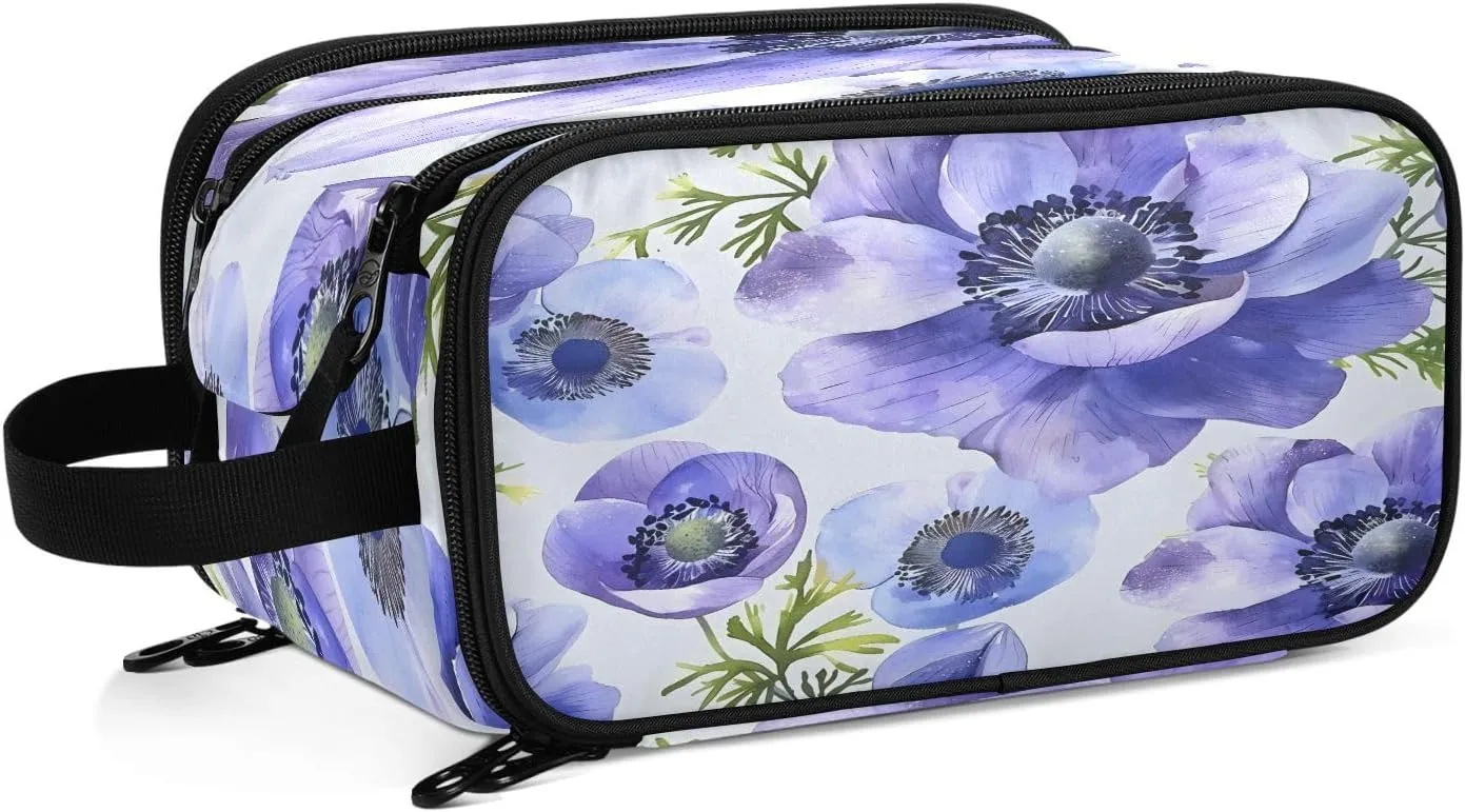 Large Capacity Travel Cosmetic Bag for Women Blue Anemone Travel Portable Cosmetic Pouch With Handle and Divider Flat Lay Bag Organizer Toiletry Bag Makeup Box for Skincare Cosmetics